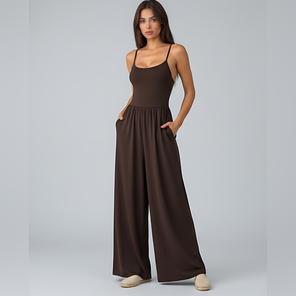 Boho Spaghetti Strap Wide Leg Jumpsuit With Pockets Brown - Picture 5 of 9